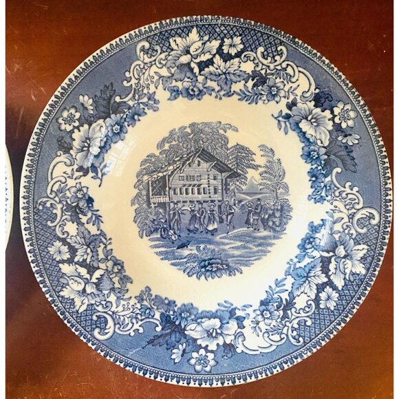 Avon Cottage Blue White Set of 2 Soup Bowls Thos Hughes Staffordshire England 8" - Picture 3 of 7